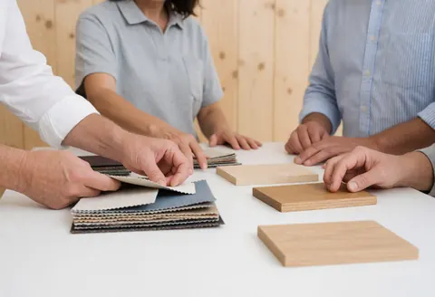 Un designer présente des échantillons de tissus et de bois à un client pour valider les choix de finitions dans le cadre d'un projet d'aménagement intérieur.