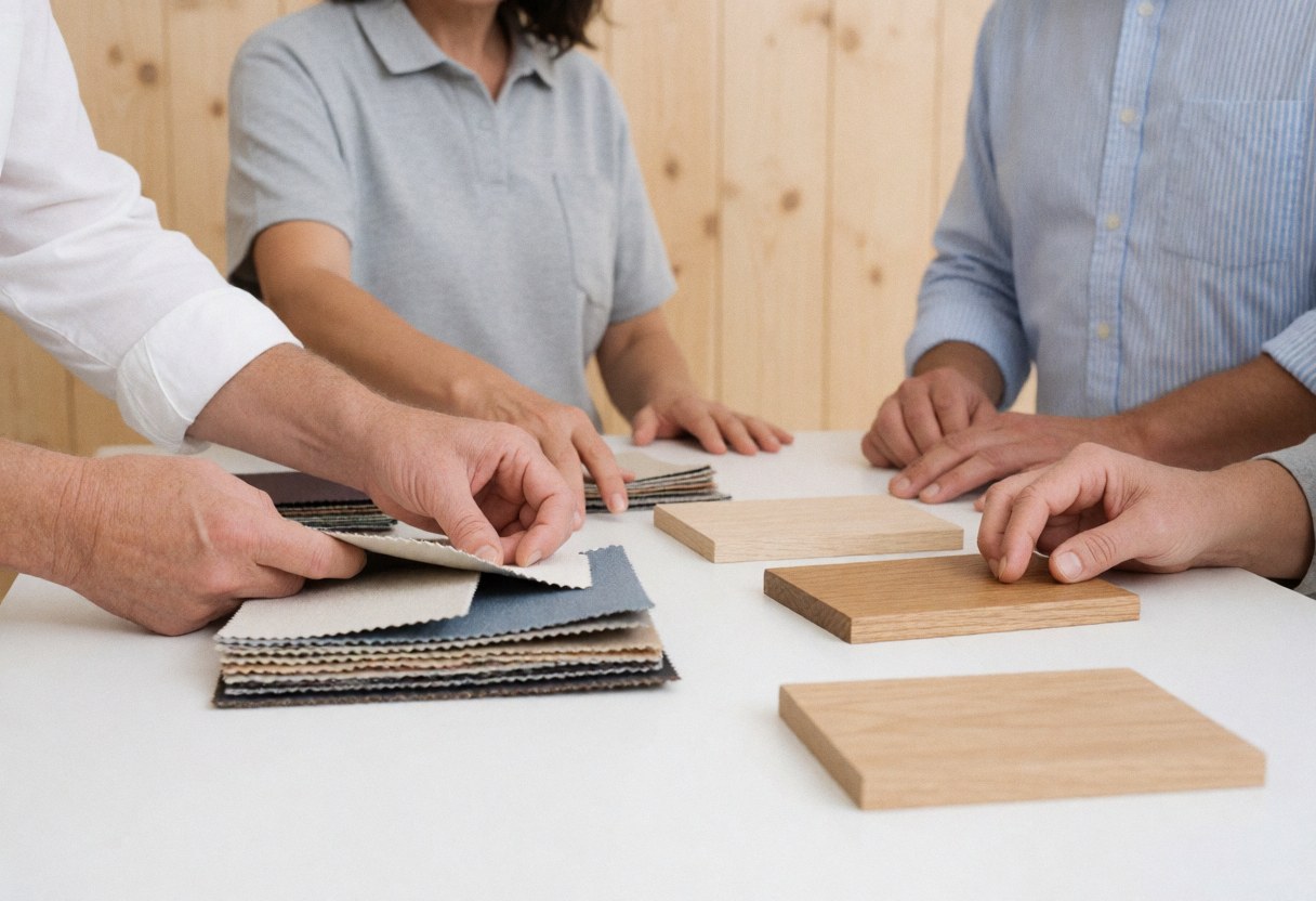 Un designer présente des échantillons de tissus et de bois à un client pour valider les choix de finitions dans le cadre d'un projet d'aménagement intérieur.