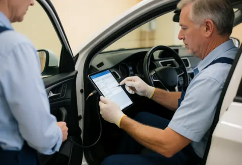 Un mécanicien portant des gants consulte un diagnostic sur une tablette tout en étant assis à l'intérieur d'un véhicule dans un atelier bien éclairé.