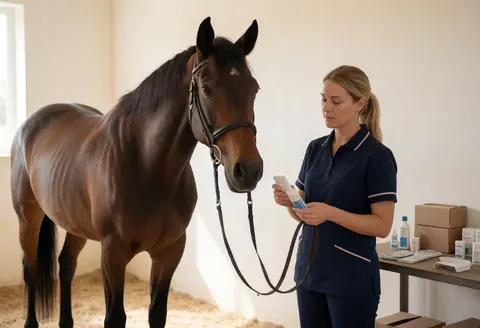 Cheval lors d'une consultation vétérinaire dans une clinique équine.