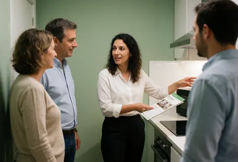 Une agente immobilière présente des meubles de cuisine à un couple de clients dans une pièce aux murs verts.