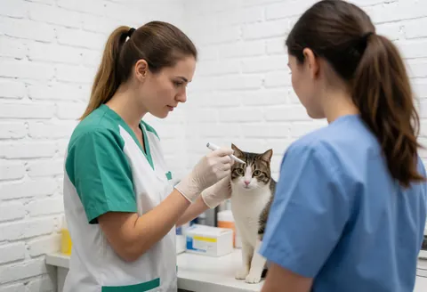 Un technicien en uniforme et gants mesure la température rectale d'un chat dans une clinique aux murs de briques blanches, tandis qu'une personne observe.