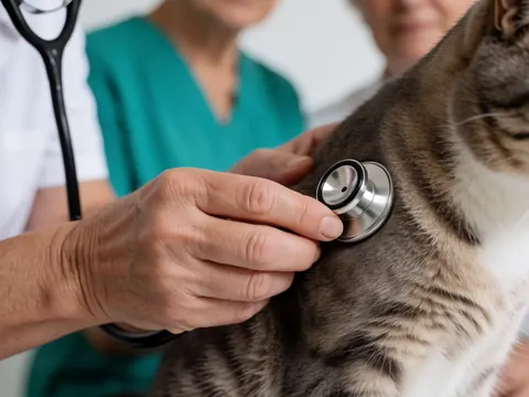 Le vétérinaire examine un chat à l'aide d'un stéthoscope dans une clinique, mettant en évidence les mains et le pelage de l'animal.