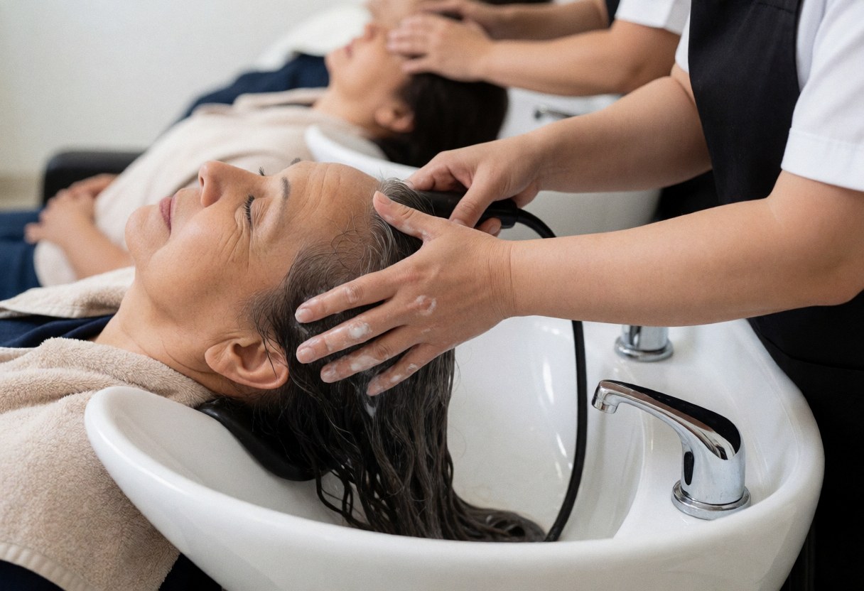 Un coiffeur professionnel lave et masse les cheveux d'une cliente dans une vasque de salon, avec une autre personne en arrière-plan.