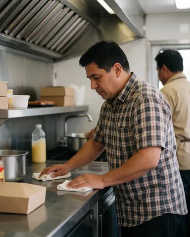 Le propriétaire d'un food truck nettoie un comptoir en acier inoxydable avec une serviette dans une cuisine bien éclairée, entouré d'outils et de produits alimentaires.