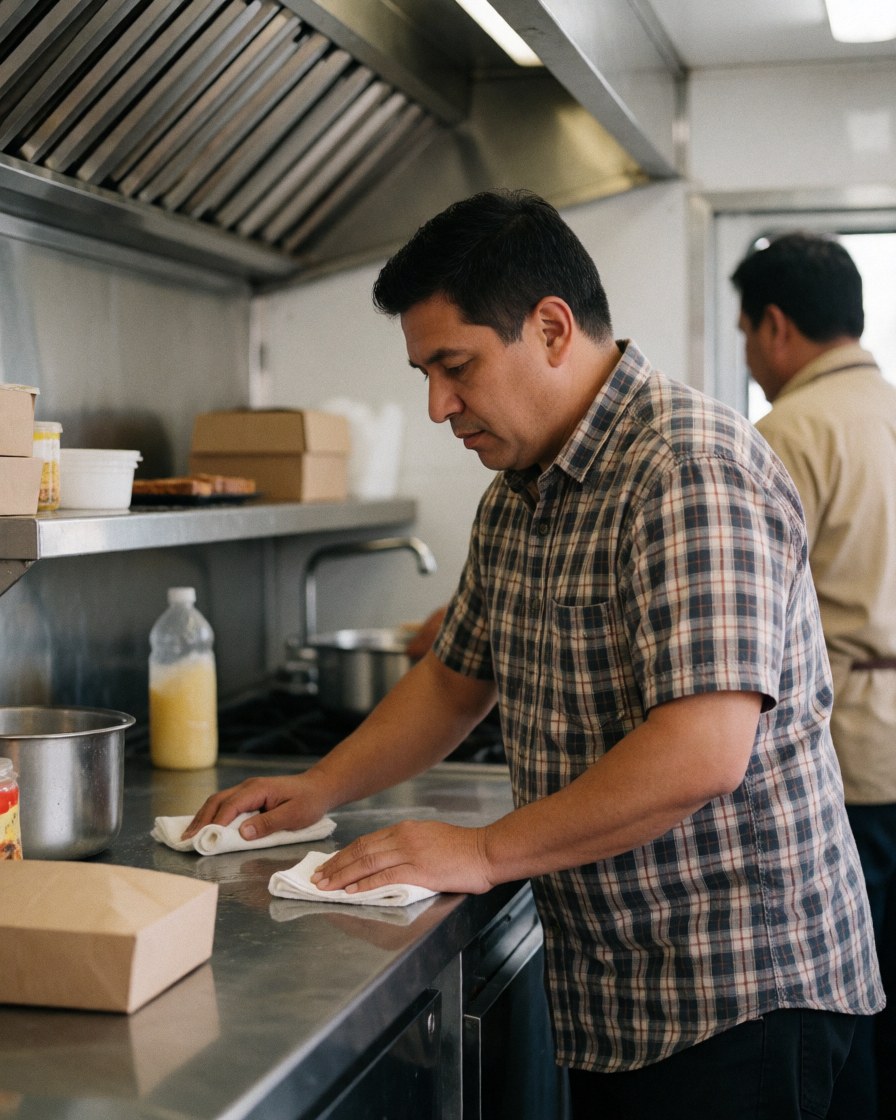 Le propriétaire d'un food truck nettoie un comptoir en acier inoxydable avec une serviette dans une cuisine bien éclairée, entouré d'outils et de produits alimentaires.