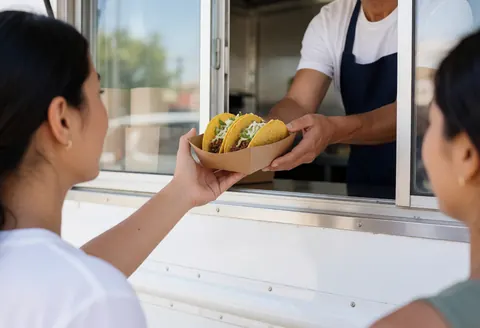 Un vendeur de street food sert des tacos depuis son camion à un client heureux dans une scène ensoleillée en extérieur.