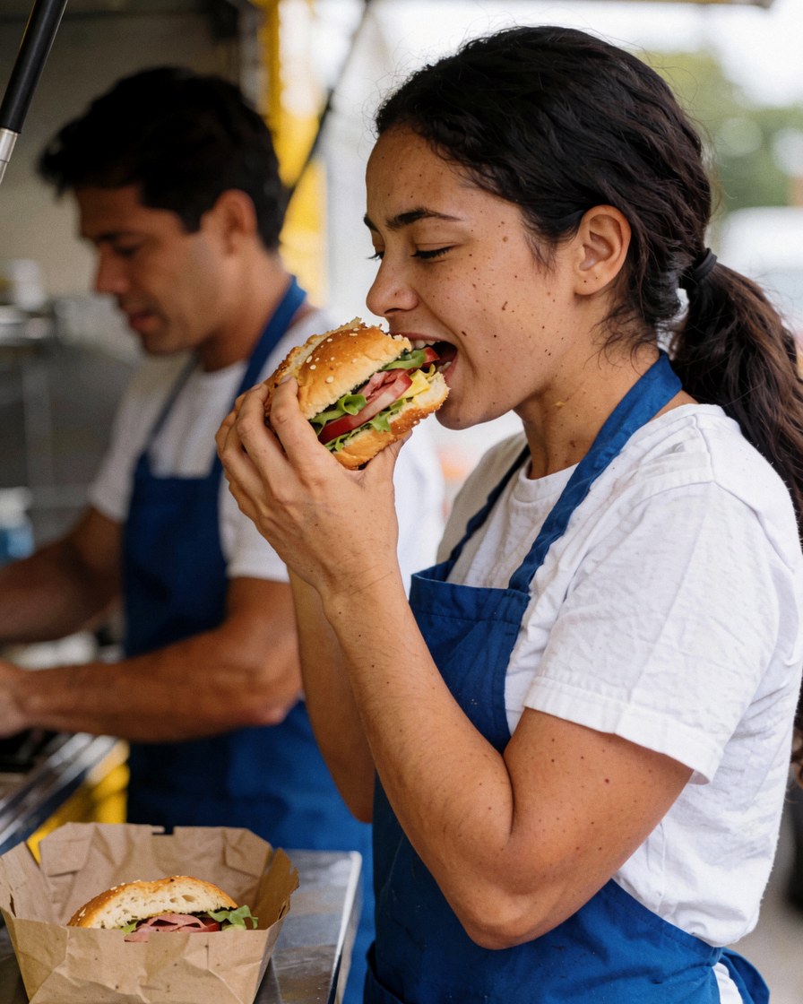 Une vendeuse souriante prend un repas composé d'un sandwich à l'intérieur de son camion alimentaire mobile.