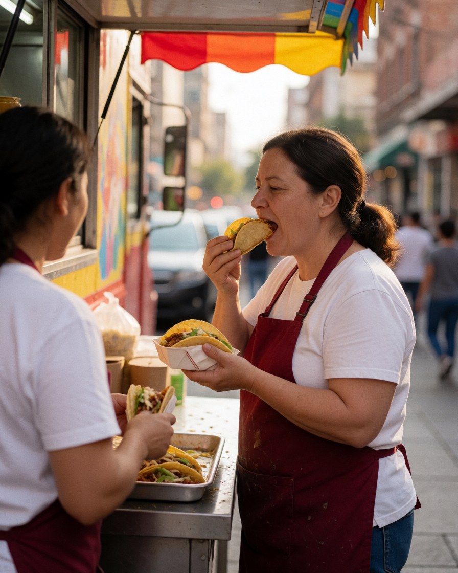 Une femme cuisinière savoure un taco pendant qu'elle travaille dans son camion de street food en ville, entourée d'autres employés.