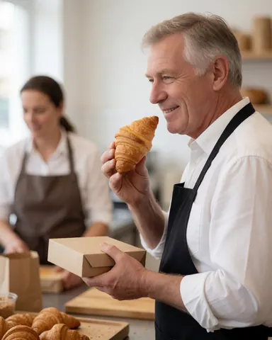 Un boulanger souriant déguste un croissant frais dans son café, avec une cliente en arrière-plan, ambiance chaleureuse.