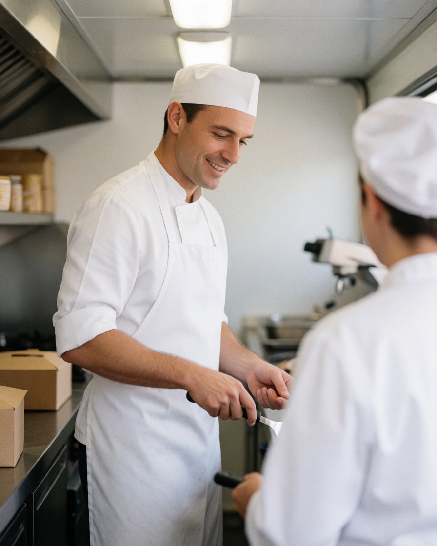 Un chef en cuisine prépare des aliments avec un couteau tandis qu'un autre chef est visible de dos dans un environnement professionnel et propre.