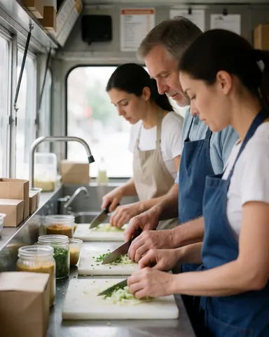 Trois collaborateurs en tenue professionnelle préparent des aliments dans l'espace restreint d'un camion, découpant des légumes frais sur des planches blanches sous un éclairage naturel.