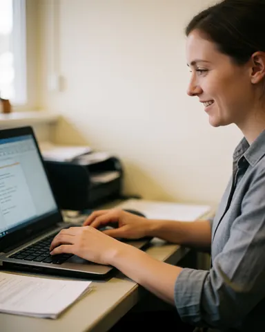 Une jeune réceptionniste travaille sur son ordinateur dans un bureau, souriant pendant qu'elle écrit, avec une imprimatrice et des papiers sur le bureau, éclairée par la lumière naturelle et un fond flou.