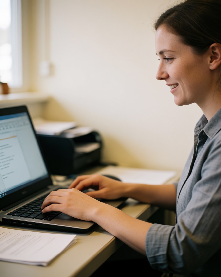 Une jeune réceptionniste travaille sur son ordinateur dans un bureau, souriant pendant qu'elle écrit, avec une imprimatrice et des papiers sur le bureau, éclairée par la lumière naturelle et un fond flou.