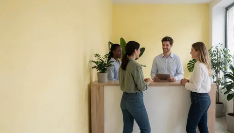 Accueil moderne avec trois personnes, murs jaunes, plantes, espace pour texte.