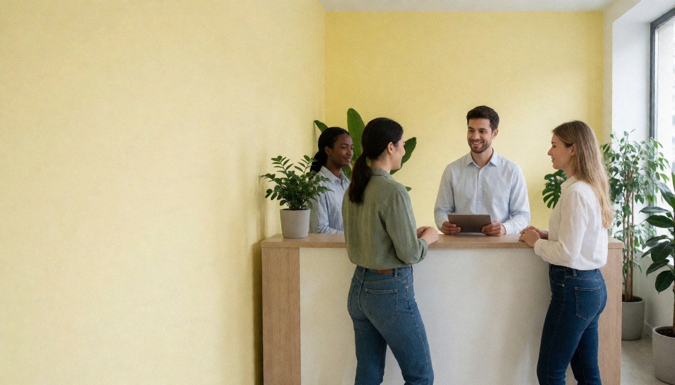 Accueil moderne avec trois personnes, murs jaunes, plantes, espace pour texte.