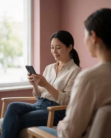 Une femme cliente souriante est assise sur une chaise en bois dans un espace d'attente aux murs rosés, regardant son téléphone portable sous la lumière naturelle.