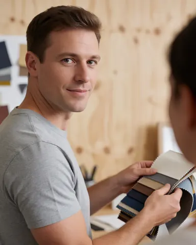 Un designer de meubles montre des échantillons de tissus à un client dans son studio, entouré de murs en bois et d'un environnement professionnel.
