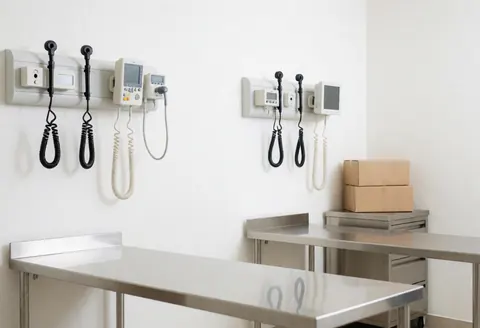 Vue d'une salle d'examen clinique propre et stérile équipée de tables en acier inoxydable, d'instruments médicaux et d'un écran.