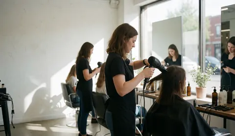 Une coiffeuse en uniforme noir sèche les cheveux d'une cliente assise dans un salon lumineux avec miroirs et grandes fenêtres.