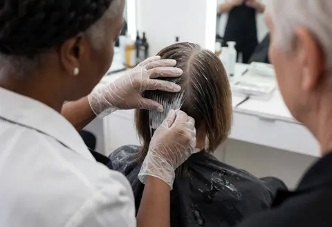 Une coloriste applique du tinte sur les cheveux d'une cliente assise dans un fauteuil de salon, portant des gants et une cape.
