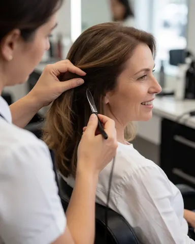 Une coiffeuse professionnelle coupe les cheveux d'une cliente heureuse dans un salon de beauté. La cliente sourit pendant que la coiffeuse utilise des ciseaux et une tondeuse.