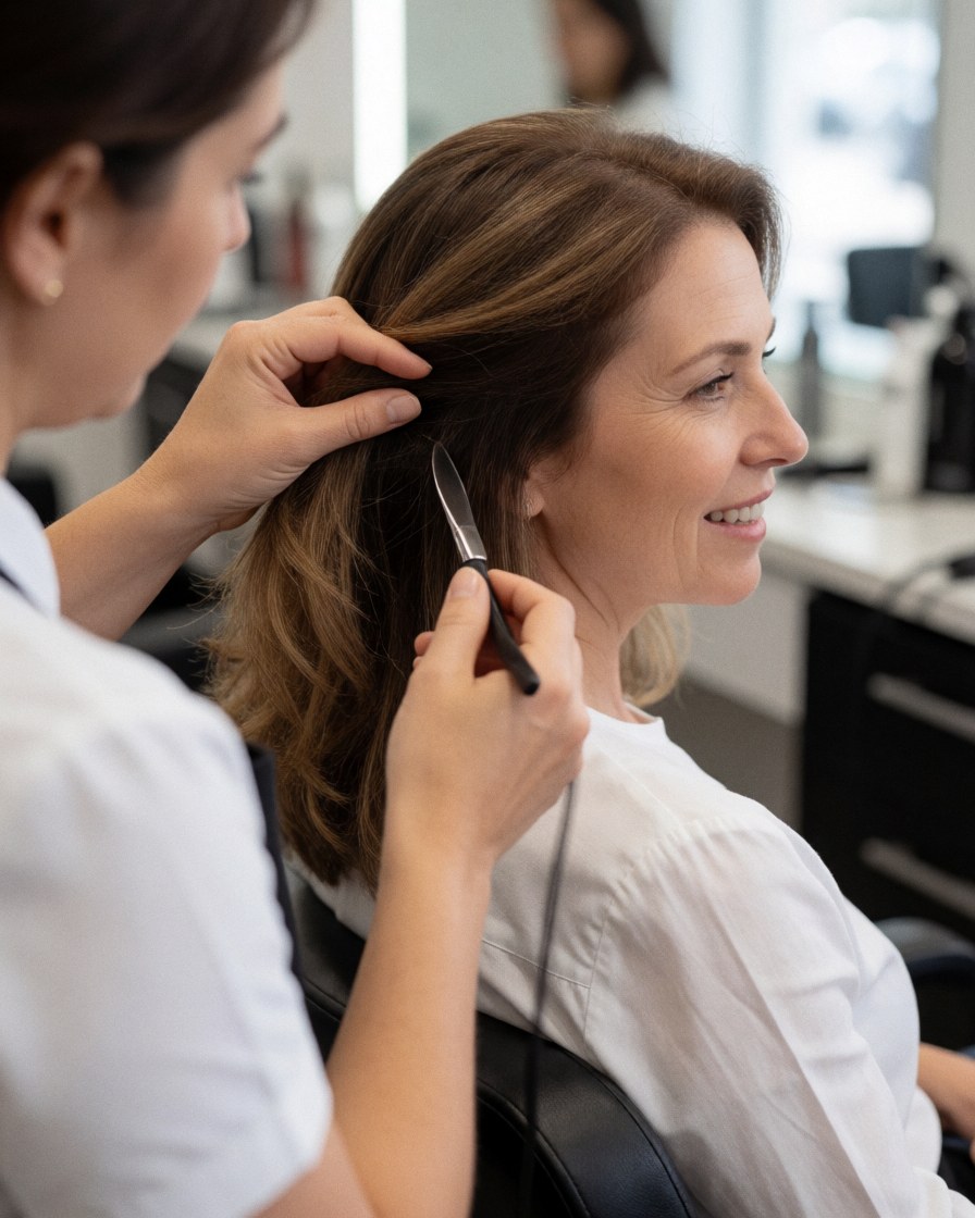 Une coiffeuse professionnelle coupe les cheveux d'une cliente heureuse dans un salon de beauté. La cliente sourit pendant que la coiffeuse utilise des ciseaux et une tondeuse.