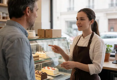 Un barista explique les différentes options de gâteaux disponibles dans la vitrine de la boulangerie-pâtisserie à un client.