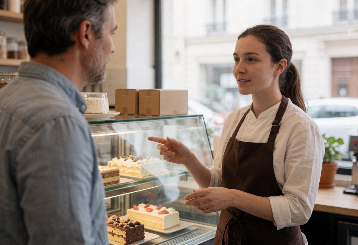 Un barista explique les différentes options de gâteaux disponibles dans la vitrine de la boulangerie-pâtisserie à un client.