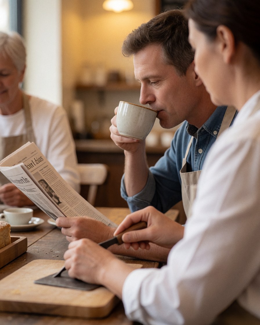 Un homme savoure un café en lisant un journal à une table en bois tandis qu'une femme coupe un gâteau avec un couteau.