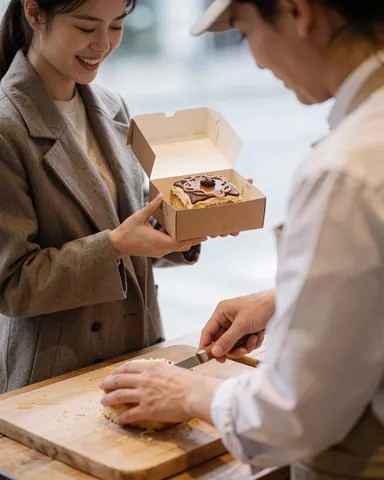 Une cliente heureuse reçoit une boîte contenant un gâteau. La pâtisserie coupe un gâteau sur une table en bois tandis que la cliente sourit en tenant la boîte.