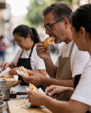 Un client déguste une empanada chaude sur la place tandis que d'autres personnes travaillent en arrière-plan, créant une scène réaliste et authentique.