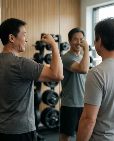 Un homme souriant observe ses biceps dans un miroir de salle de sport, avec des haltères et des murs en bois en arrière-plan.