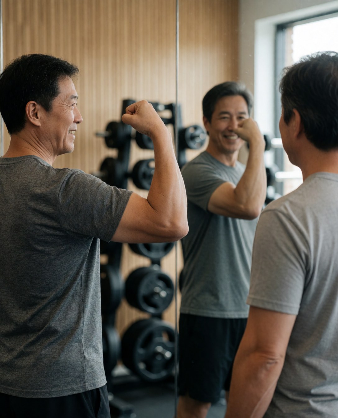 Un homme souriant observe ses biceps dans un miroir de salle de sport, avec des haltères et des murs en bois en arrière-plan.