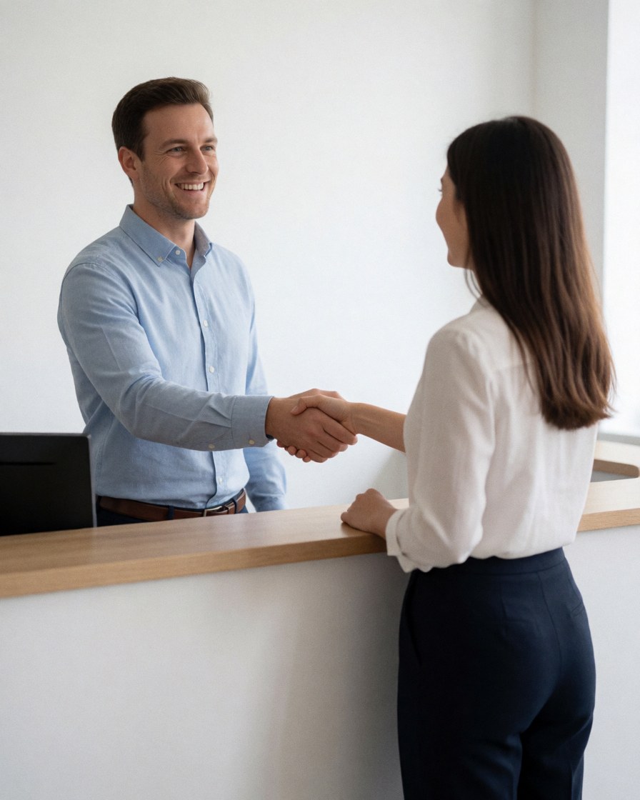 Un client satisfait serre la main d'une réceptionniste dans un environnement professionnel de bureau.