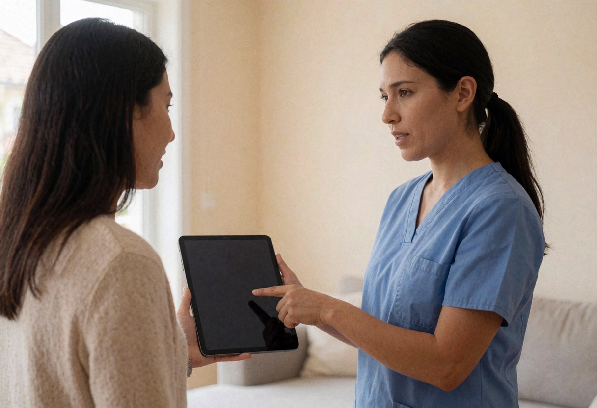 Une vétérinaire en uniforme bleu explique des résultats sur une tablette à une cliente dans son salon moderne avec murs beige et lumière naturelle.
