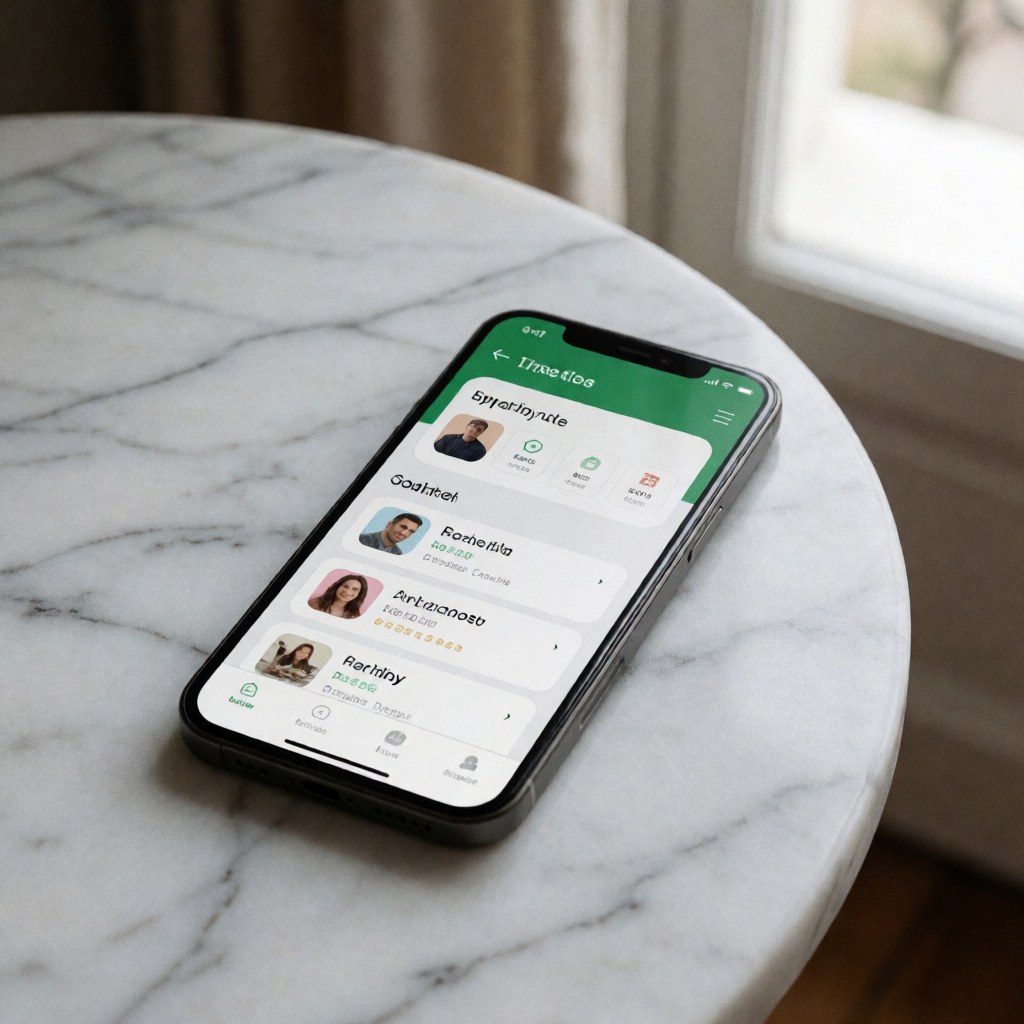 Une application mobile est visible sur l'écran d'un smartphone moderne posé sur une table en marbre près d'une fenêtre baignée de lumière naturelle.