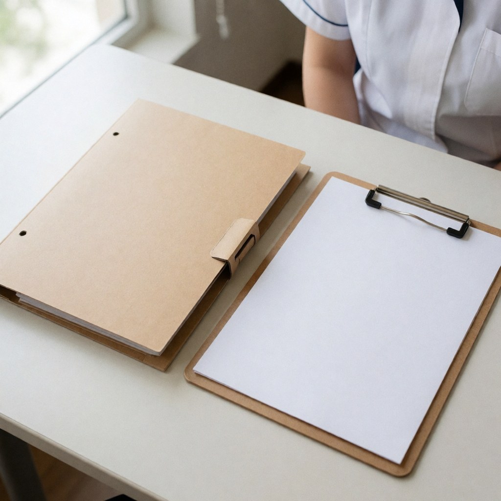 Dossier médical posé sur une surface plane, représentant des documents administratifs liés aux soins de santé.