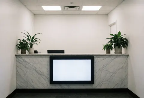 Intérieur d'une agence d'assurance moderne avec un grand comptoir en marbre, un écran numérique mural et des plantes vertes. Ambiance lumineuse, propre et professionnelle.