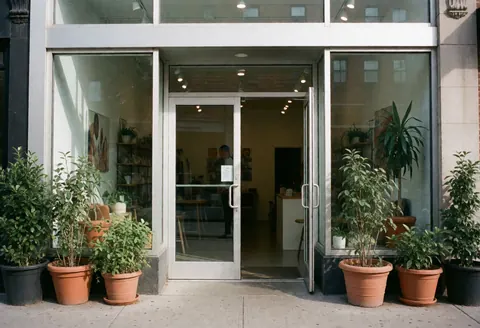 Entrée moderne avec portes vitrées, plantes en pot et décoration apaisante pour promouvoir le bien-être.