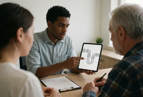 Un plombier professionnel explique un diagramme à un client lors d'une consultation de plomberie spécialisée dans un bureau.