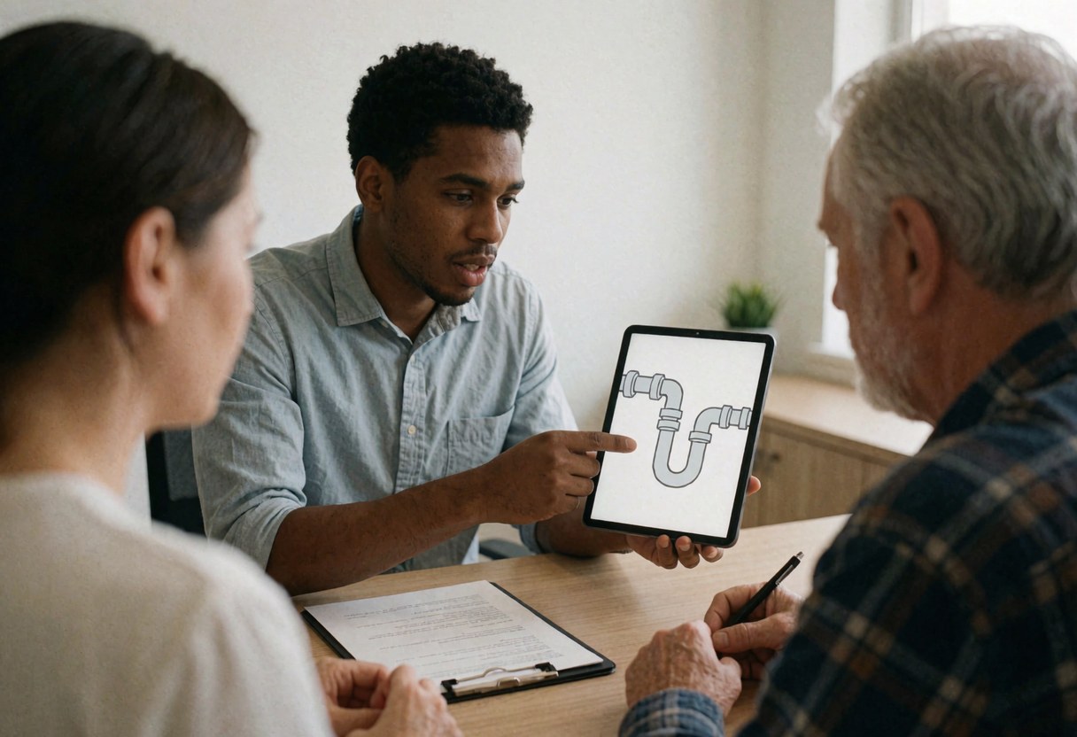 Un plombier professionnel explique un diagramme à un client lors d'une consultation de plomberie spécialisée dans un bureau.
