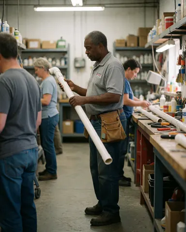 Plombier tenant un tube PVC dans un atelier, entouré d'outils et de fournitures, travaillant dans un environnement réaliste de plomberie.
