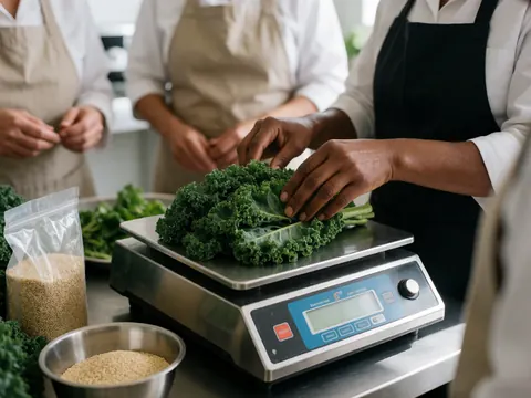 Des mains posées sur des légumes frais pesés sur une balance numérique professionnelle pour vérifier la qualité nutritionnelle.