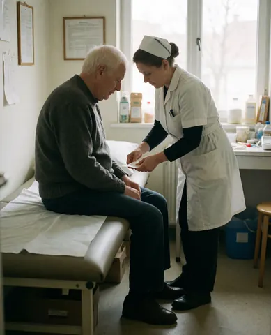 Un patient allongé sur une table d'examen reçoit l'attention d'une infirmière dans un cabinet médical.