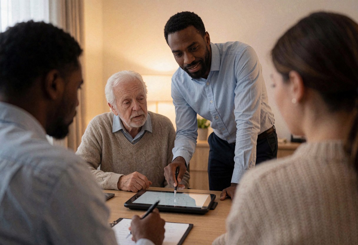 Un formateur explique le fonctionnement d'un outil numérique à un client âgé lors d'une session de formation en ligne.