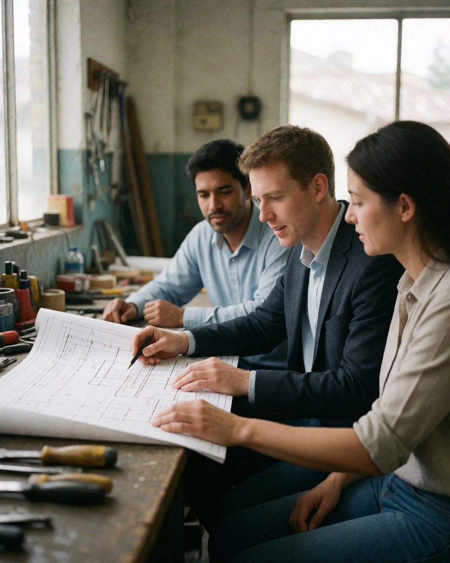 Trois techniciens consultent des plans de construction dans un atelier équipé d'outils, baigné de lumière naturelle et affichant une ambiance professionnelle.