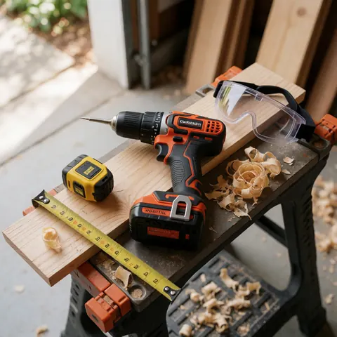 Une perceuse sans fil est utilisée pour travailler sur un morceau de bois, produisant des copeaux visibles autour de la zone de perçage.