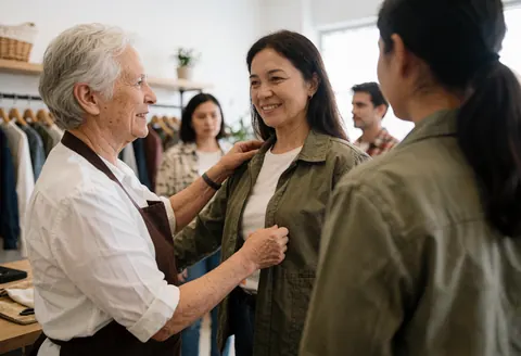 Une vendeuse aide une cliente à essayer une veste dans un magasin de vêtements.