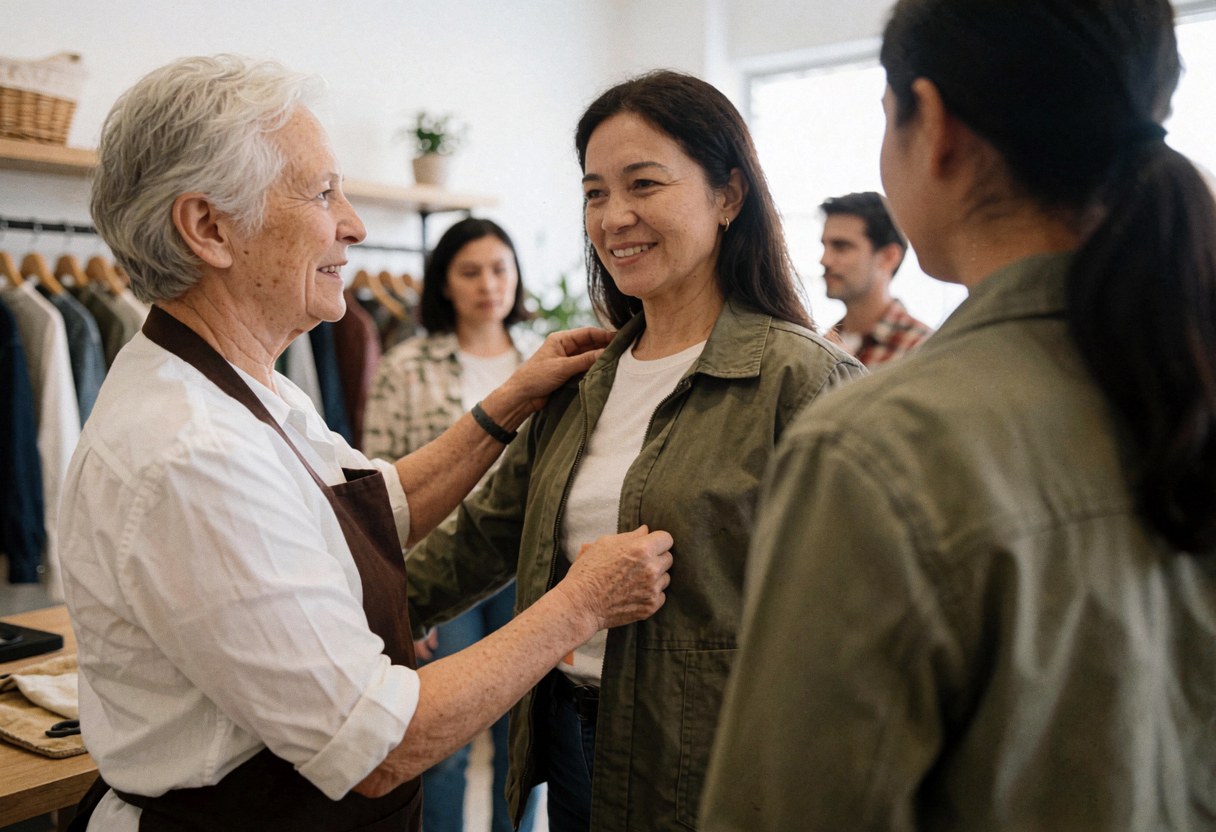 Une vendeuse aide une cliente à essayer une veste dans un magasin de vêtements.